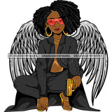 Black Goddess Angel Squatting Wings Holding Gun Sexy Fashion Dreadlocks Hairstyle SVG JPG PNG Vector Clipart Cricut Silhouette Cut Cutting