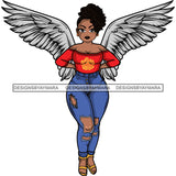 Curvy Black Goddess Angel Wings Off Shoulder Red Top Ripped Jeans Fashion Style SVG JPG PNG Vector Clipart Cricut Silhouette Cut Cutting