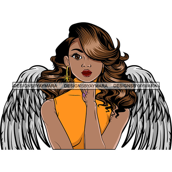 Black Goddess Angel Wings Gold Hoop Earrings Style Long Wavy Hairstyle SVG JPG PNG Vector Clipart Cricut Silhouette Cut Cutting