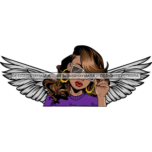 Black Goddess Angel Angelic Wings Glasses Hoop Earrings Long Wavy Hairstyle SVG JPG PNG Vector Clipart Cricut Silhouette Cut Cutting