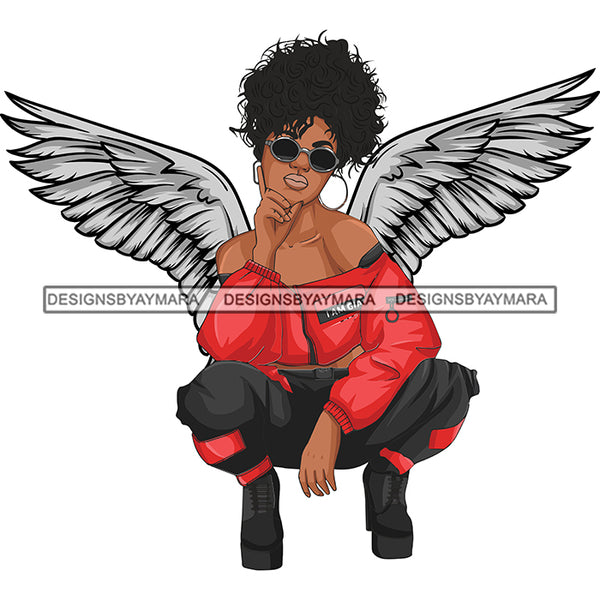 Black Goddess Angel Squatting Angelic Wings Sunglasses Messy Updo Hairstyle SVG JPG PNG Vector Clipart Cricut Silhouette Cut Cutting