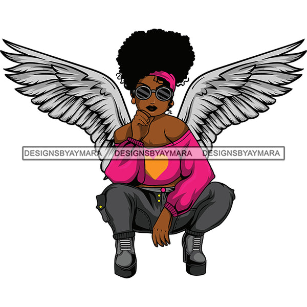 Black Goddess Angel Squatting Angelic Wings Sunglasses Headband Updo Hairstyle SVG JPG PNG Vector Clipart Cricut Silhouette Cut Cutting