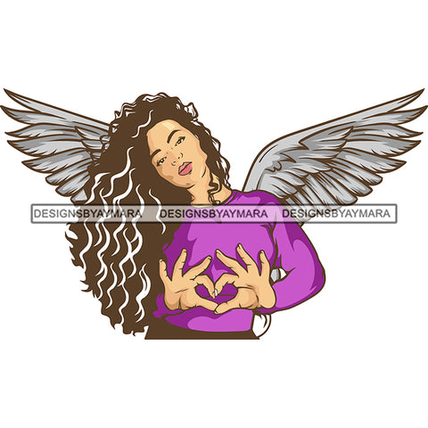 Black Goddess Angel Angelic Wings Heart Symbol Hands Long Wavy Hairstyle SVG JPG PNG Vector Clipart Cricut Silhouette Cut Cutting