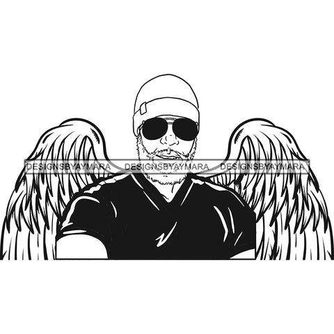 Black Handsome Angel Wings Beard Sunglasses Beanie Short Sleeve T-Shirt Style B/W SVG JPG PNG Vector Clipart Cricut Silhouette Cut Cutting