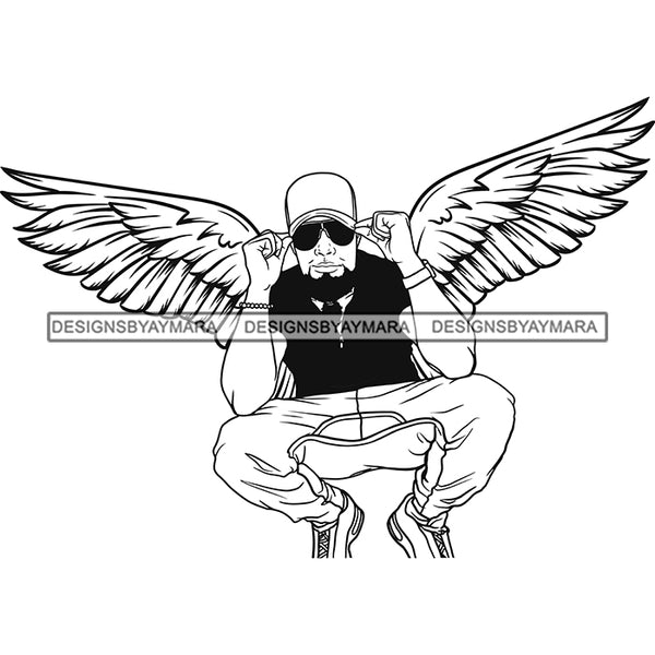 Black Handsome Angel Wings Squatting Sunglasses Baseball Cap Fashion Style B/W SVG JPG PNG Vector Clipart Cricut Silhouette Cut Cutting