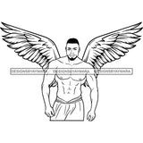 Black Handsome Angel Wings Muscular Lovely Shirtless Goatee Beard Trendy Hairstyle B/W SVG JPG PNG Vector Clipart Cricut Silhouette Cut Cutting