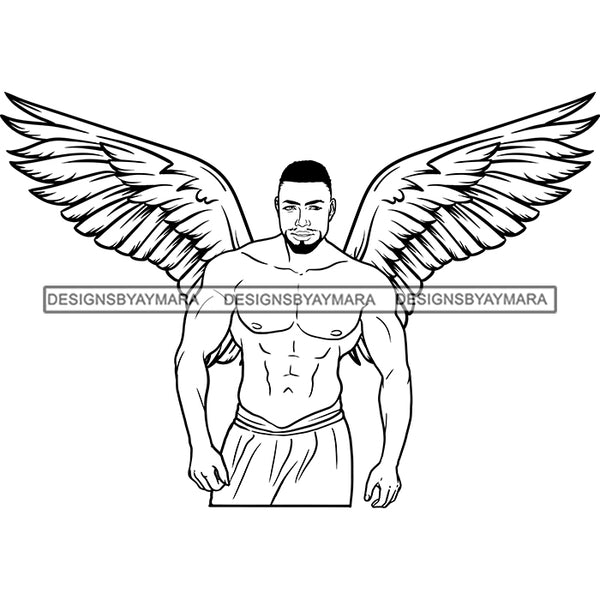 Black Handsome Angel Wings Muscular Lovely Shirtless Goatee Beard Trendy Hairstyle B/W SVG JPG PNG Vector Clipart Cricut Silhouette Cut Cutting