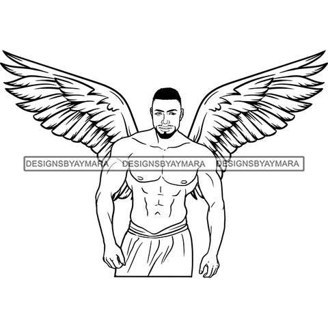 Black Handsome Angel Wings Muscular Lovely Shirtless Goatee Beard Trendy Hairstyle B/W SVG JPG PNG Vector Clipart Cricut Silhouette Cut Cutting