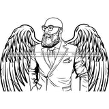 Black Handsome Angel Wings Bearded Bald Elegant Suit Glasses Fashion Style B/W SVG JPG PNG Vector Clipart Cricut Silhouette Cut Cutting