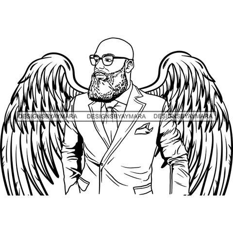 Black Handsome Angel Wings Bearded Bald Elegant Suit Glasses Fashion Style B/W SVG JPG PNG Vector Clipart Cricut Silhouette Cut Cutting