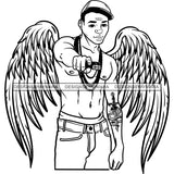 Black Handsome Angel Wings Shirtless Holding Gun Arm Tattoo Baseball Cap Style B/W SVG JPG PNG Vector Clipart Cricut Silhouette Cut Cutting