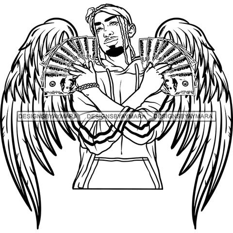 Black Handsome Angel Wings Holding Money Goatee Headband Dreadlocks Hairstyle B/W SVG JPG PNG Vector Clipart Cricut Silhouette Cut Cutting