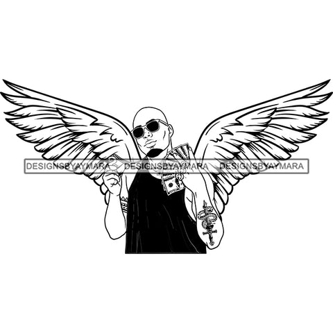 Black Handsome Angel Wings Holding Money Dollar Sign Rings Sunglasses Style B/W SVG JPG PNG Vector Clipart Cricut Silhouette Cut Cutting