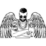 Black Handsome Angel Wings Skulls Arms Tattoo Sunglasses Chain Necklaces Style B/W SVG JPG PNG Vector Clipart Cricut Silhouette Cut Cutting