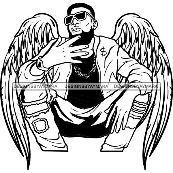 Black Handsome Angel Wings Squatting Beard Sunglasses Ripped Jeans Fashion Style B/W SVG JPG PNG Vector Clipart Cricut Silhouette Cut Cutting