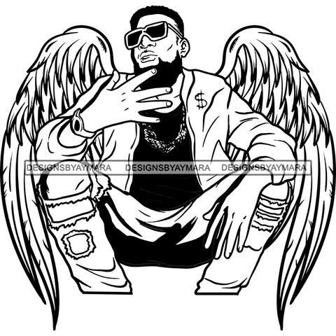 Black Handsome Angel Wings Squatting Beard Sunglasses Ripped Jeans Fashion Style B/W SVG JPG PNG Vector Clipart Cricut Silhouette Cut Cutting