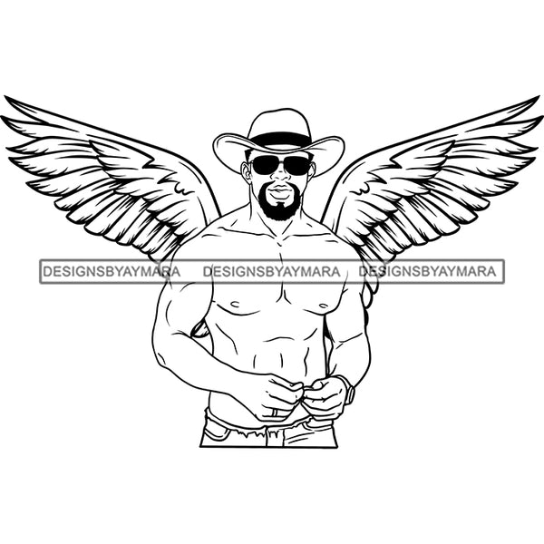 Black Handsome Angel Wings Fashion Model Shirtless Sunglasses Cowboy Hat Style B/W SVG JPG PNG Vector Clipart Cricut Silhouette Cut Cutting