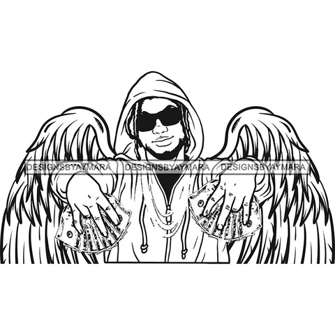 Black Handsome Angel Wings Holding Money Sunglasses Hoodie Fashion Style B/W SVG JPG PNG Vector Clipart Cricut Silhouette Cut Cutting