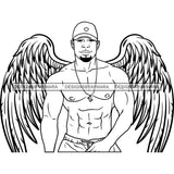 Black Handsome Angel Wings Shirtless Dollar Sign Necklace Baseball Cap Style B/W SVG JPG PNG Vector Clipart Cricut Silhouette Cut Cutting