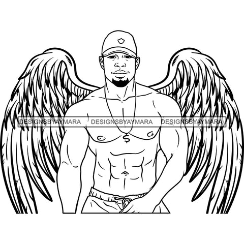 Black Handsome Angel Wings Shirtless Dollar Sign Necklace Baseball Cap Style B/W SVG JPG PNG Vector Clipart Cricut Silhouette Cut Cutting