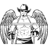 Black Handsome Angel Wings Shirtless Whip Sunglasses Cowboy Hat Style B/W SVG JPG PNG Vector Clipart Cricut Silhouette Cut Cutting