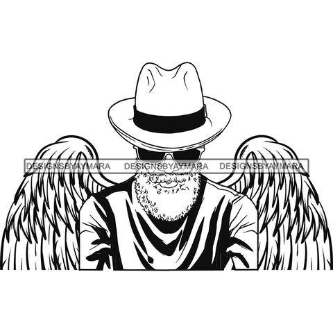 Black Handsome Angel Wings Bearded Sunglasses Classic Hat Fashion Style B/W SVG JPG PNG Vector Clipart Cricut Silhouette Cut Cutting