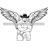 Black Handsome Angel Angelic Wings Smiling Shirtless Cowboy Hat Style B/W SVG JPG PNG Vector Clipart Cricut Silhouette Cut Cutting