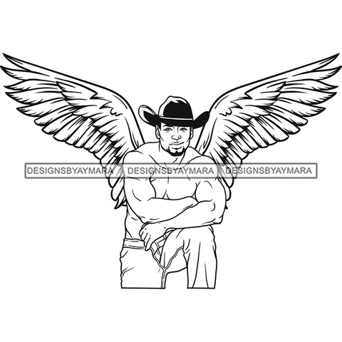 Black Handsome Angel Angelic Wings Smiling Shirtless Cowboy Hat Style B/W SVG JPG PNG Vector Clipart Cricut Silhouette Cut Cutting