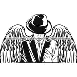 Black Handsome Angel Wings Holding Apple Elegant Classic Hat Fashion Style B/W SVG JPG PNG Vector Clipart Cricut Silhouette Cut Cutting