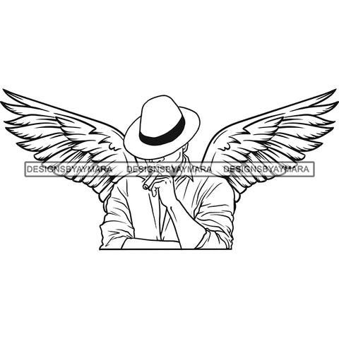 Black Handsome Angel Wings Head Down Smoking Cigar Classic Hat Fashion Style B/W SVG JPG PNG Vector Clipart Cricut Silhouette Cut Cutting