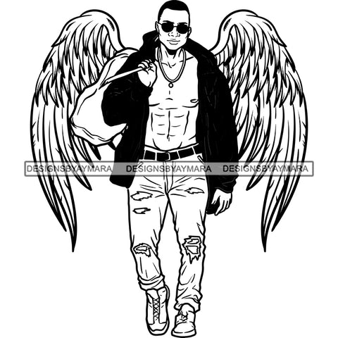 Black Handsome Angel Wings Sunglasses Gym Bag Open Jacket Fashion Style B/W SVG JPG PNG Vector Clipart Cricut Silhouette Cut Cutting