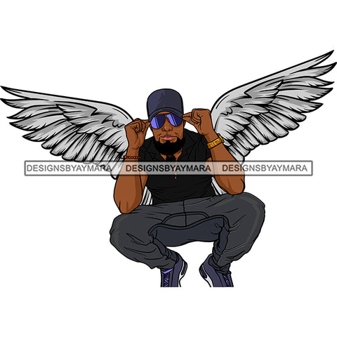 Black Handsome Angel Wings Squatting Sunglasses Baseball Cap Fashion Style SVG JPG PNG Vector Clipart Cricut Silhouette Cut Cutting