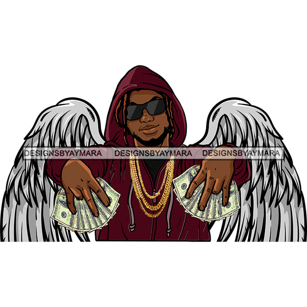 Black Handsome Angel Wings Holding Money Sunglasses Hoodie Fashion Style SVG JPG PNG Vector Clipart Cricut Silhouette Cut Cutting