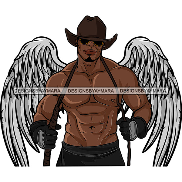 Black Handsome Angel Wings Shirtless Whip Sunglasses Cowboy Hat Style SVG JPG PNG Vector Clipart Cricut Silhouette Cut Cutting