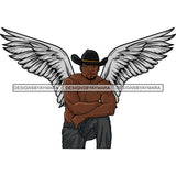 Black Handsome Angel Angelic Wings Smiling Shirtless Cowboy Hat Style SVG JPG PNG Vector Clipart Cricut Silhouette Cut Cutting