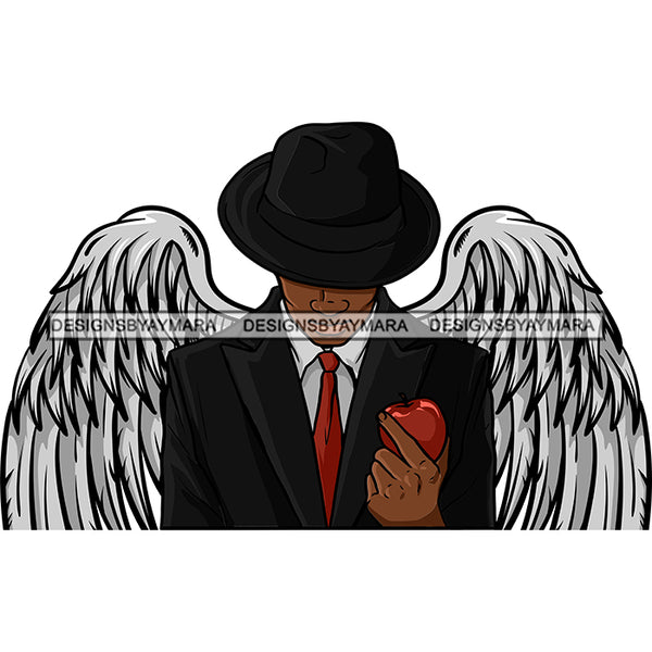 Black Handsome Angel Wings Holding Apple Elegant Classic Hat Fashion Style SVG JPG PNG Vector Clipart Cricut Silhouette Cut Cutting