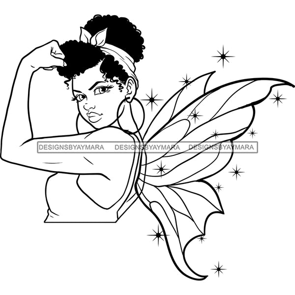 Afro Sassy Black Woman Butterfly Wings Headband Puffy Afro Hair Style B/W SVG JPG PNG Vector Clipart Cricut Silhouette Cut Cutting