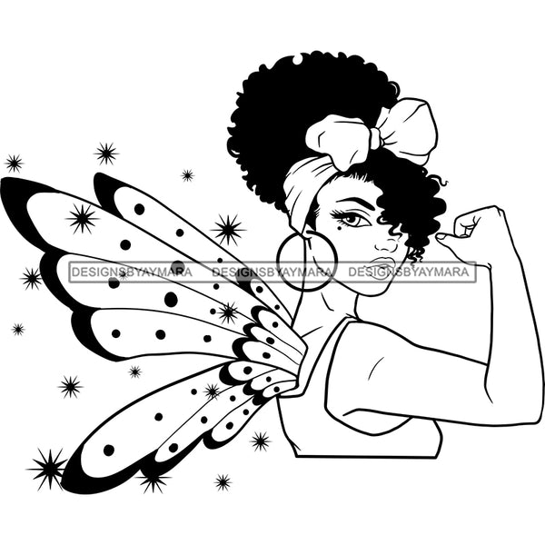 Afro Sassy Black Woman Butterfly Wings Headband Hoop Earrings Puffy Afro Hairstyle B/W SVG JPG PNG Vector Clipart Cricut Silhouette Cut Cutting