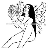 Afro Sassy Black Woman Butterfly Wings Sitting Holding Money Long Curly Hairstyle B/W SVG JPG PNG Vector Clipart Cricut Silhouette Cut Cutting