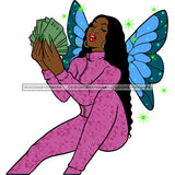 Afro Sassy Black Woman Butterfly Wings Sitting Holding Money Long Curly Hairstyle SVG JPG PNG Vector Clipart Cricut Silhouette Cut Cutting