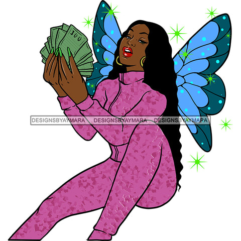 Afro Sassy Black Woman Butterfly Wings Sitting Holding Money Long Curly Hairstyle SVG JPG PNG Vector Clipart Cricut Silhouette Cut Cutting