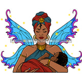 Afro Goddess Black Mother Sleeping Baby Butterfly Wings Turban Earrings SVG JPG PNG Vector Clipart Cricut Silhouette Cut Cutting