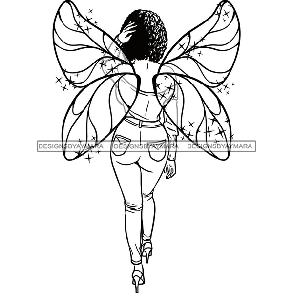 Afro Sassy Black Woman Butterfly Wings Walking Puffy Afro Hairstyle B/W SVG JPG PNG Vector Clipart Cricut Silhouette Cut Cutting