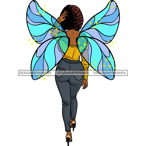 Afro Sassy Black Woman Butterfly Wings Walking Puffy Afro Hairstyle SVG JPG PNG Vector Clipart Cricut Silhouette Cut Cutting