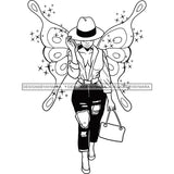 Afro Sassy Black Woman Butterfly Wings Walking Hat Purse Fashion Style B/W SVG JPG PNG Vector Clipart Cricut Silhouette Cut Cutting