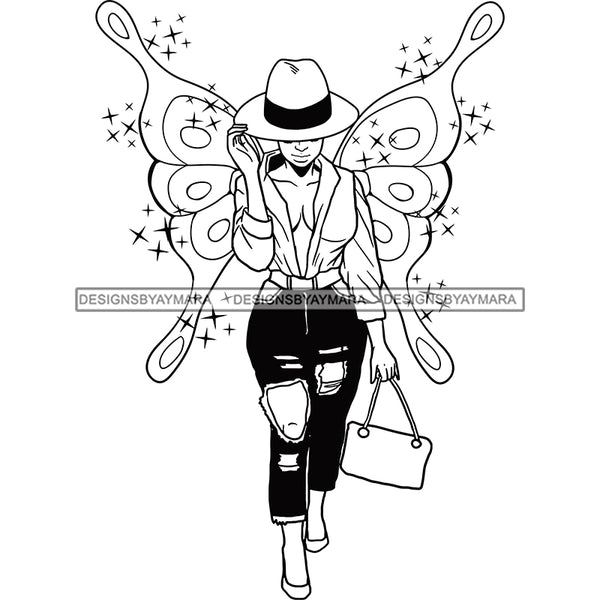 Afro Sassy Black Woman Butterfly Wings Walking Hat Purse Fashion Style B/W SVG JPG PNG Vector Clipart Cricut Silhouette Cut Cutting