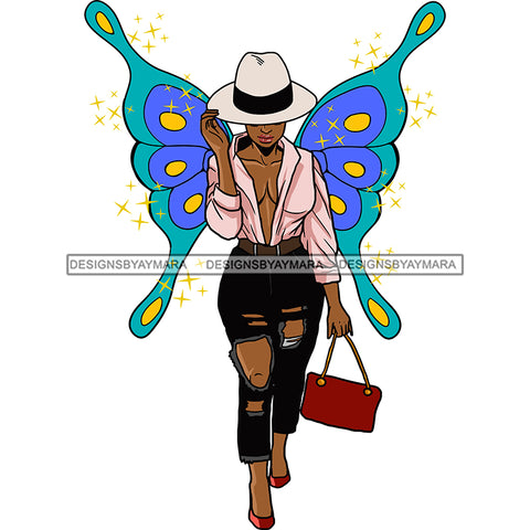 Afro Sassy Black Woman Butterfly Wings Walking Hat Purse Fashion Style SVG JPG PNG Vector Clipart Cricut Silhouette Cut Cutting