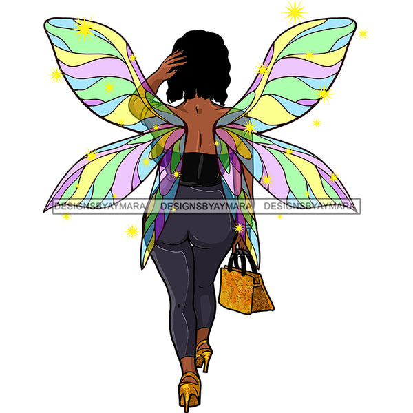 Afro Sassy Curvy Black Woman Butterfly Wings Walking Back Cute Purse Fashion Style SVG JPG PNG Vector Clipart Cricut Silhouette Cut Cutting