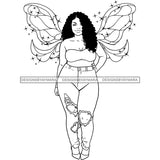 Afro Curvy Bodacious Woman Butterfly Wings Body Pose Curly Hairstyle B/W SVG JPG PNG Vector Clipart Cricut Silhouette Cut Cutting