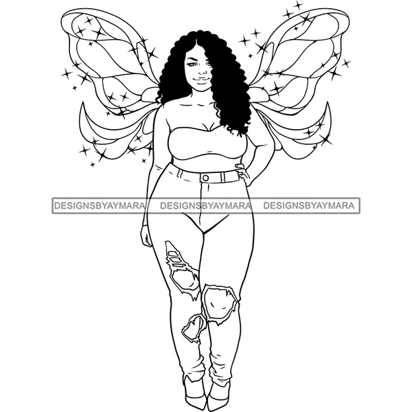 Afro Curvy Bodacious Woman Butterfly Wings Body Pose Curly Hairstyle B/W SVG JPG PNG Vector Clipart Cricut Silhouette Cut Cutting